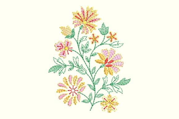 Colorful wildflower embroidery with pink, yellow, orange blossoms and green leaves in an upright sprig design