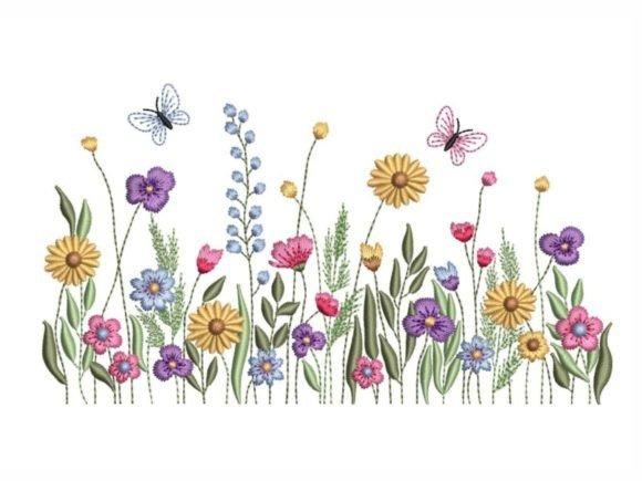 wildflower embroidery design featuring colorful flowers and butterflies in a natural scene