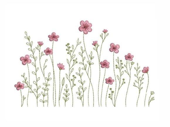 Wildflower embroidery design with pink flowers and green stems in a vertical arrangement
