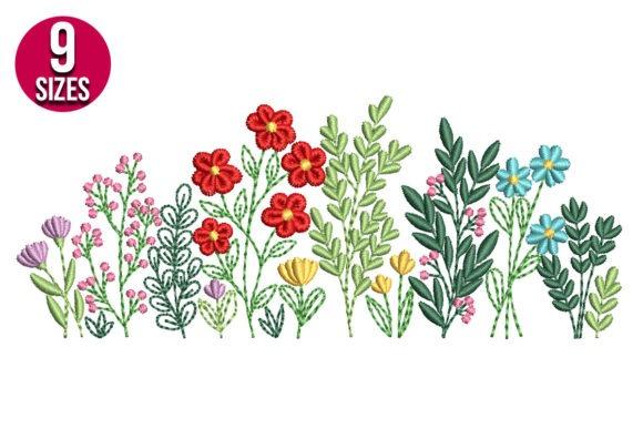 Wildflower embroidery design featuring various colorful flowers and green leaves in multiple sizes