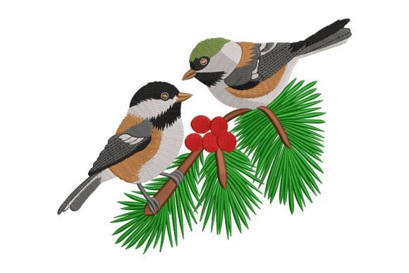 Winter embroidery patterns featuring two birds perched on a pine branch with red berries