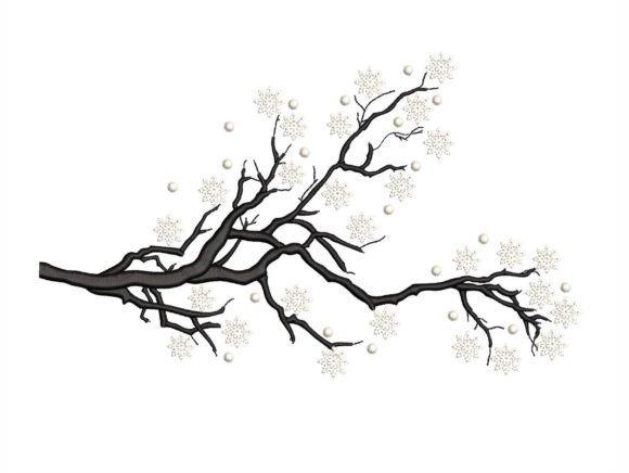 Winter embroidery patterns featuring a tall botanical-style frosty branch with snowflakes and pearls