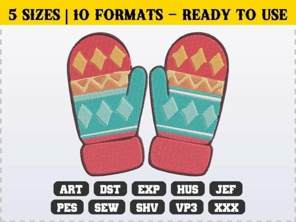 Winter embroidery patterns featuring colorful geometric patterned mittens in multiple sizes