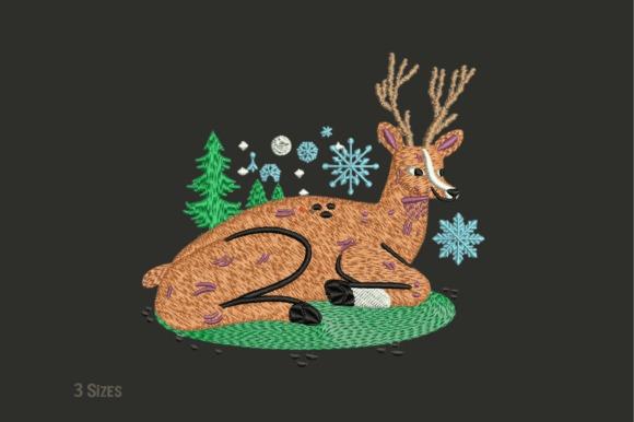 Winter embroidery patterns featuring a detailed deer in a snowy landscape with trees and snowflakes