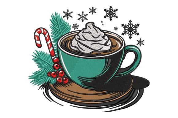Winter embroidery patterns featuring a cup of hot cocoa with whipped cream, candy cane, pine sprig, and snowflakes