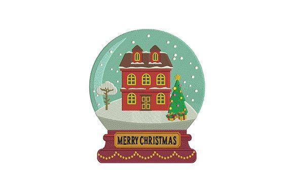 Winter embroidery patterns featuring a red house and decorated Christmas tree inside a snow globe with falling snow