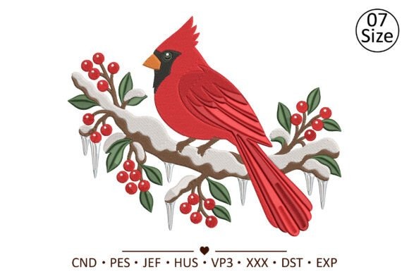 Etsy embroidery files for machine embroidery projects featuring a red cardinal on an icy branch with red berries and icicles