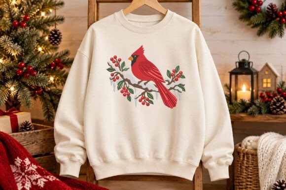 Etsy embroidery files for machine embroidery projects featuring a red cardinal on an icy branch embroidered on a cream