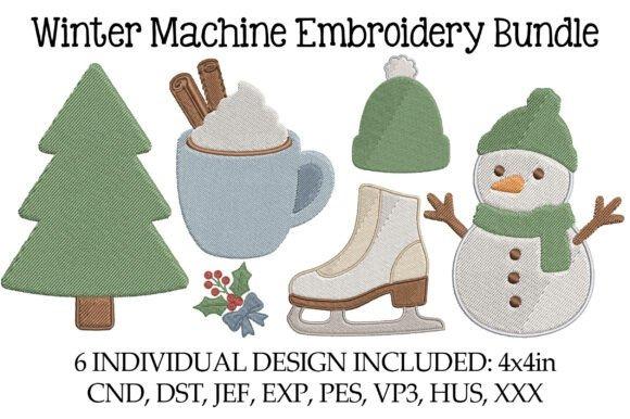 Winter embroidery patterns including tree, hot drink, ice skate, snowman, and winter hats in 4x4 inch designs