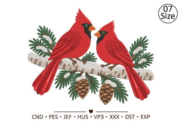 Etsy embroidery files for machine embroidery projects featuring two red cardinals on a pine branch with pinecones
