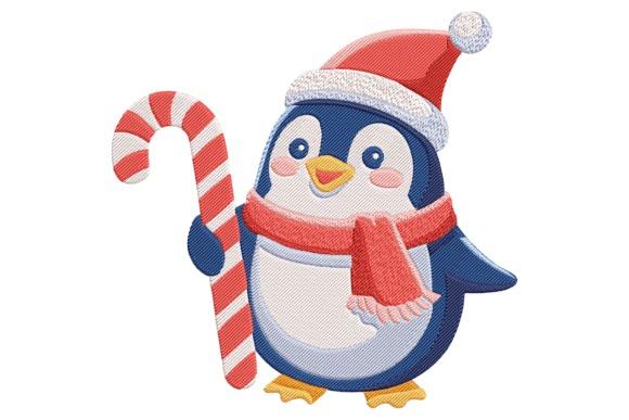 Winter embroidery patterns featuring a cute penguin wearing a red scarf and Santa hat holding a candy cane