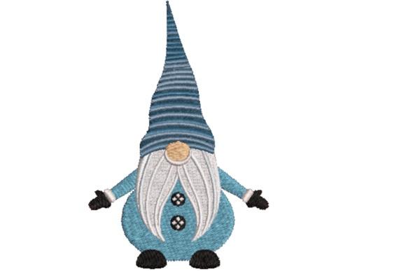 Winter embroidery patterns featuring a small whimsical gnome with a tall striped hat and blue outfit