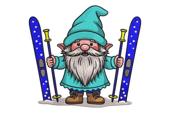 Winter Ski Gnome holding blue skis and poles in winter embroidery patterns design