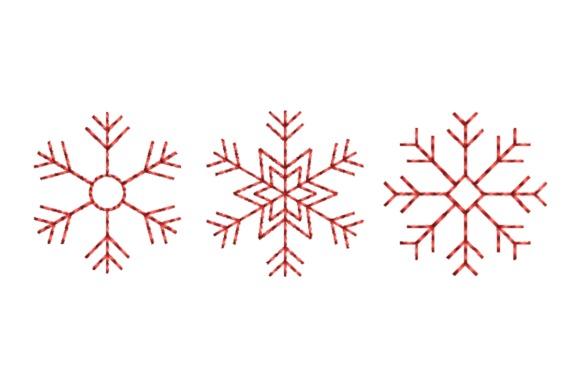 Three outlined red snowflake embroidery designs in a winter embroidery patterns set