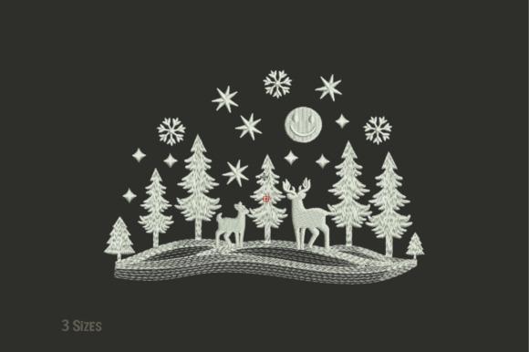 Winter embroidery patterns featuring deer, snowy pines, and starry night in monochrome style