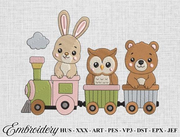 Animal embroidery design featuring a bunny, owl, and teddy bear riding a colorful toy train