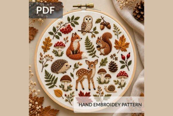 Fall embroidery patterns featuring woodland animals like fox, deer, squirrel, owl, and autumn leaves in a decorative hoop