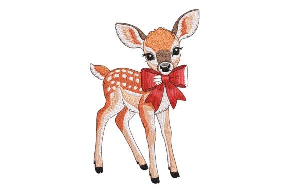 animal embroidery of a woodland deer with a red bow around its neck