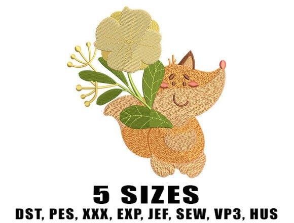 Woodland fox embroidery design holding a yellow flower in animal embroidery style