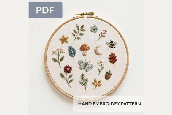 Fall embroidery patterns featuring woodland nature motifs like mushrooms, acorns, leaves, and insects in a hand embroidery