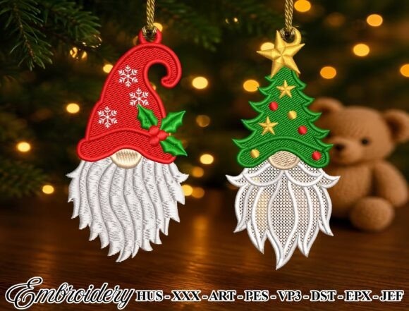 Etsy embroidery files for machine embroidery projects featuring Xmas gnome ornament designs with red hat and green Christmas