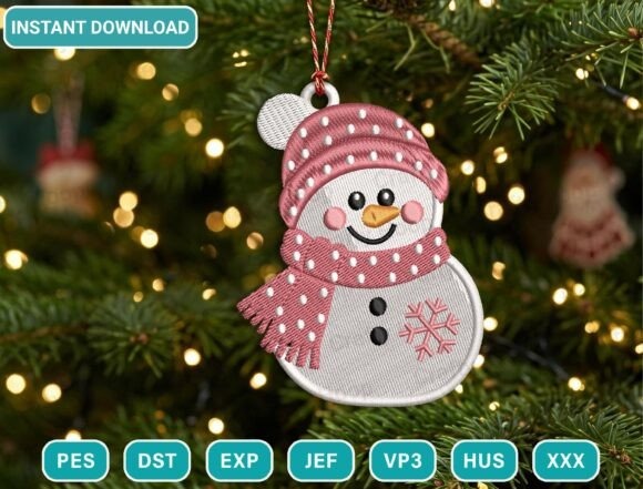 Etsy embroidery files for machine embroidery projects featuring a Xmas snowman ornament design with a pink hat and scarf on