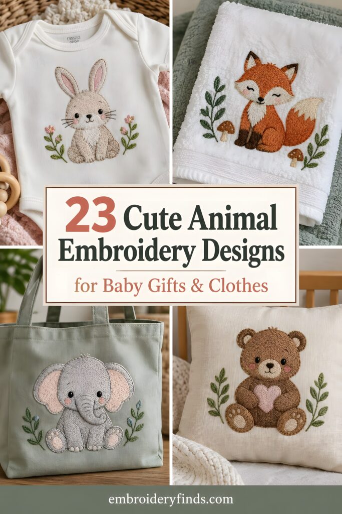 Cute animal embroidery designs including bunny, fox, elephant, and bear on baby clothes and accessories