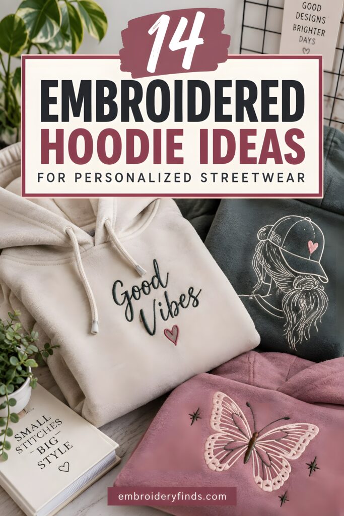 Embroidered hoodie ideas featuring Good Vibes text, butterfly, and line art designs on hoodies
