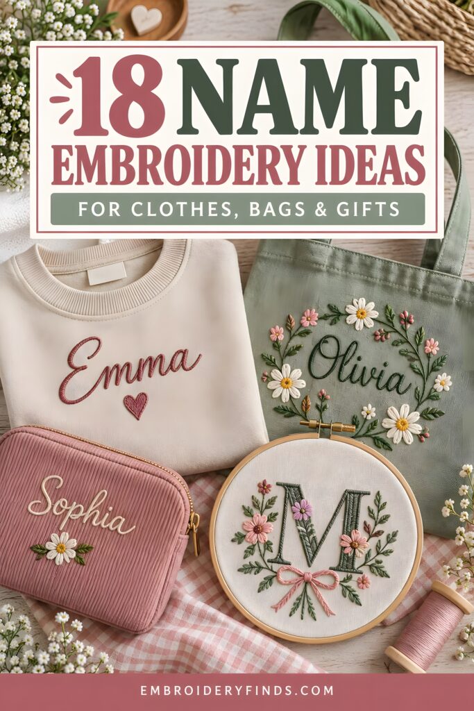 Name embroidery ideas on clothes and accessories including sweatshirt, tote bag, pouch, and floral monogram