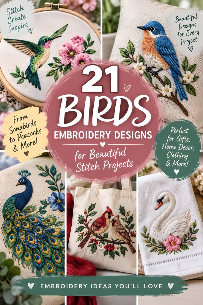 Colorful bird embroidery designs including a hummingbird, bluebird, peacock, cardinal, and swan on various fabric projects