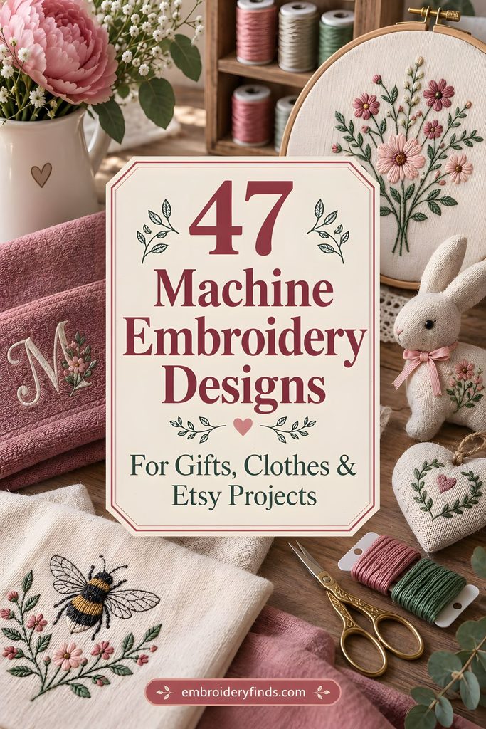 47 Etsy embroidery files for machine embroidery projects featuring floral and bee designs on fabric and embroidery hoop