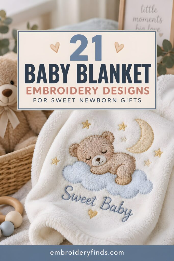 baby blanket embroidery with a sleeping bear on a cloud and moon design