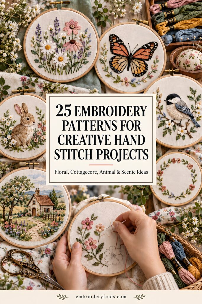 Hand embroidery patterns featuring floral, animal, and cottagecore designs in wooden hoops with colorful threads