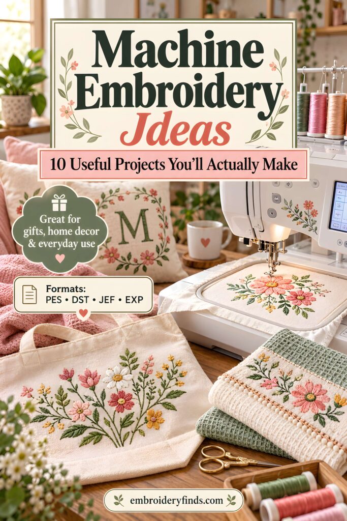 Machine embroidery designs for various styles displayed on fabric items including floral motifs on towels and pillows