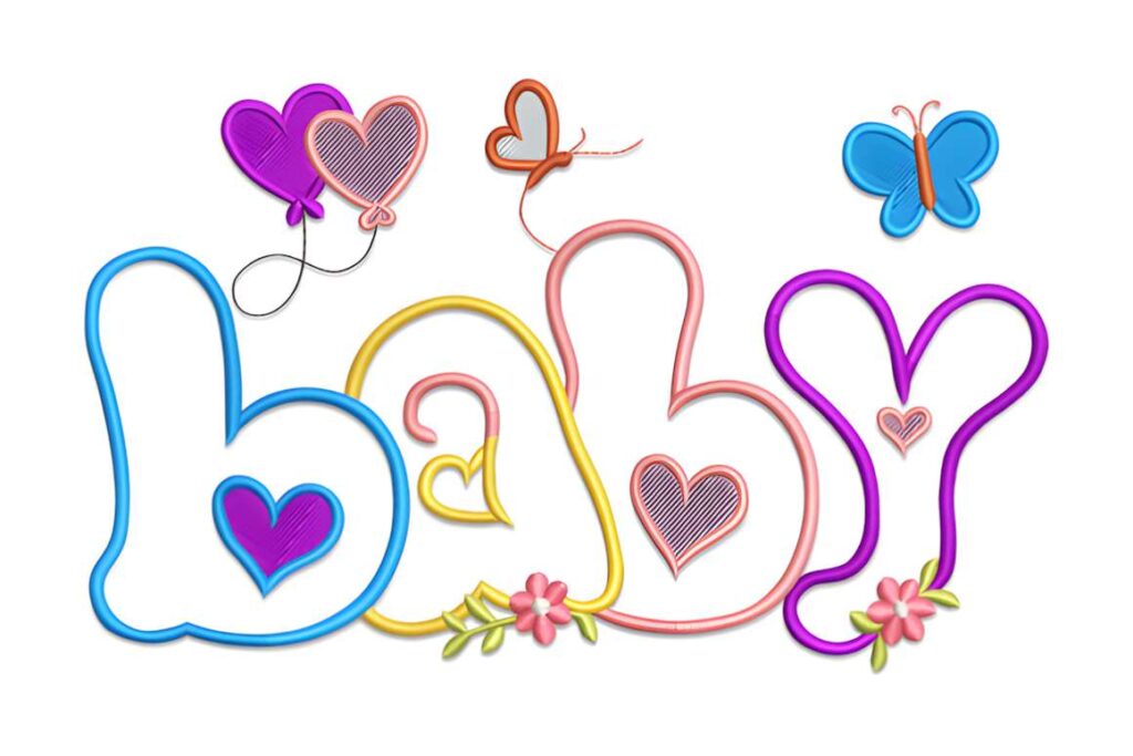 machine embroidery designs for various styles featuring colorful baby-themed text with hearts and butterflies