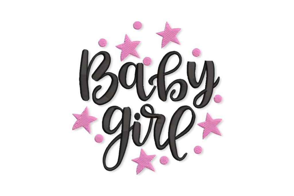 Machine embroidery designs for various styles featuring decorative script lettering 'Baby girl' with pink stars and dots