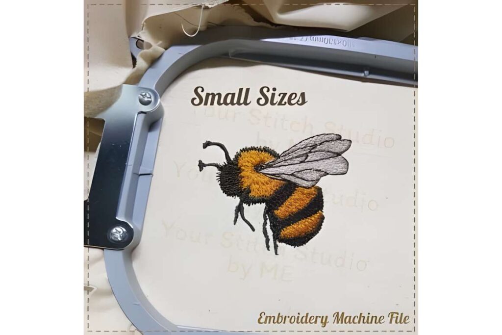 Machine embroidery designs for various styles featuring a detailed bee motif in an embroidery hoop