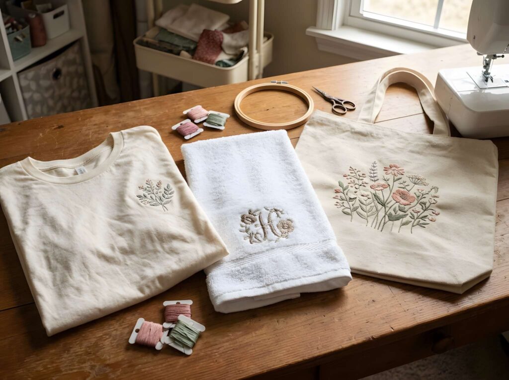 Best thread for machine embroidery used on a sweatshirt, towel, and tote bag with floral and monogram designs
