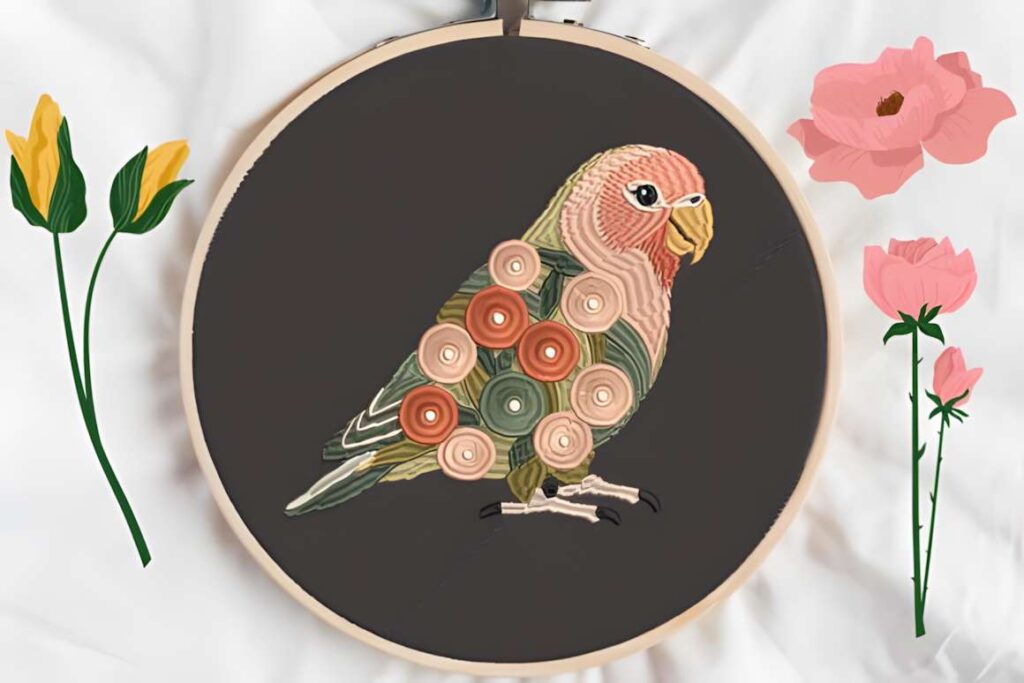 Machine embroidery designs for various styles featuring a compact bird motif with circular patterns on dark fabric