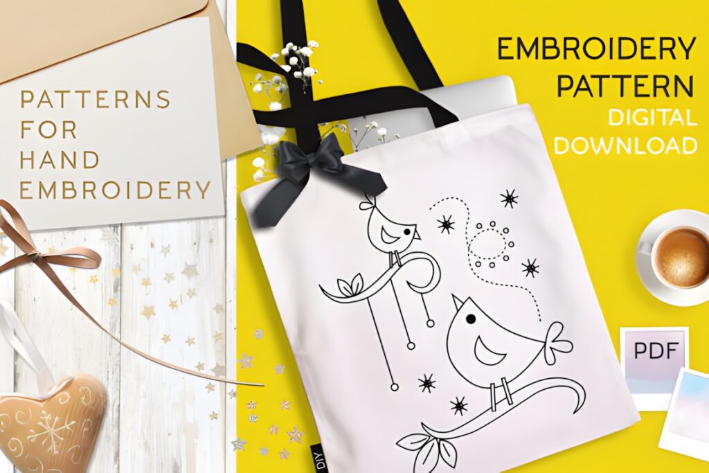Hand embroidery patterns featuring birds on a white tote bag with black ribbon on yellow background