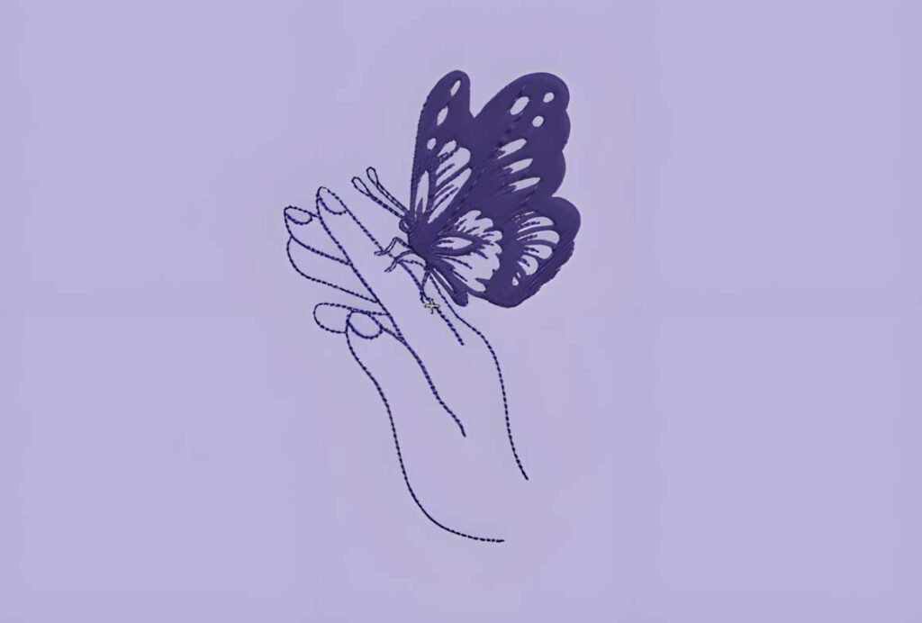 Machine embroidery designs for various styles featuring a tall butterfly perched on a hand outline