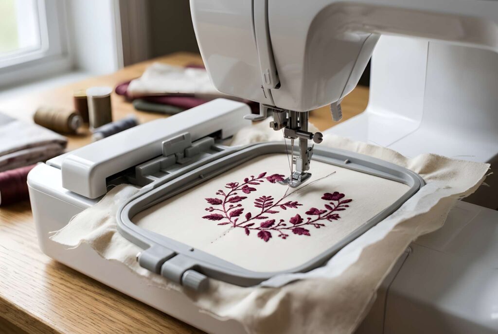 Machine embroidery thread creating a floral design on fabric using an embroidery machine