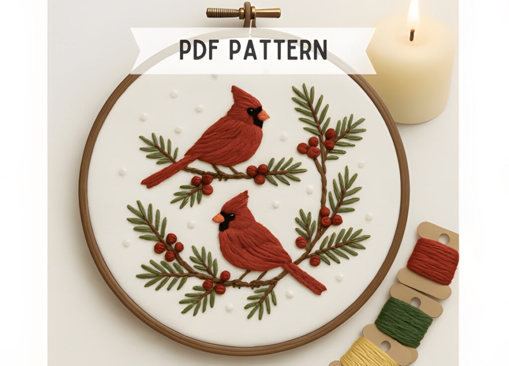 Hand embroidery patterns featuring two cardinal birds with red thread and green leaves in an embroidery hoop