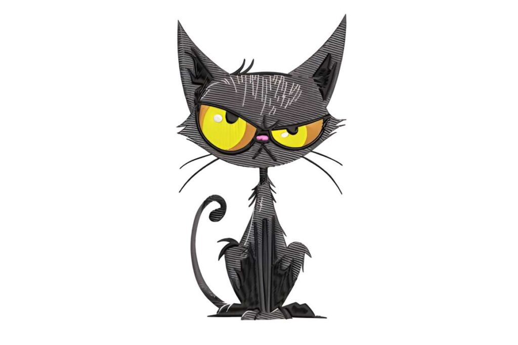 Machine embroidery designs for various styles featuring a playful cartoon cat with large yellow eyes and elongated