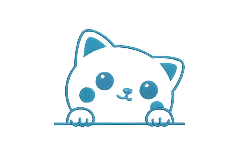 Cute cat embroidery design in blue and white, suitable for machine embroidery designs for various styles