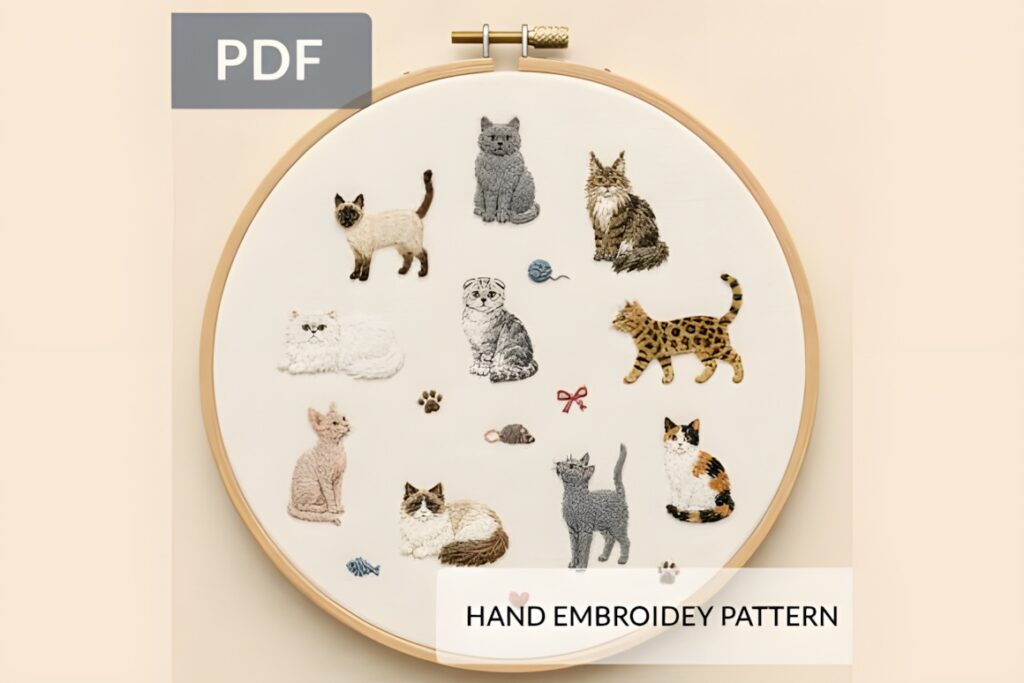 Hand embroidery patterns featuring various small cat motifs and pet-related designs in a round hoop