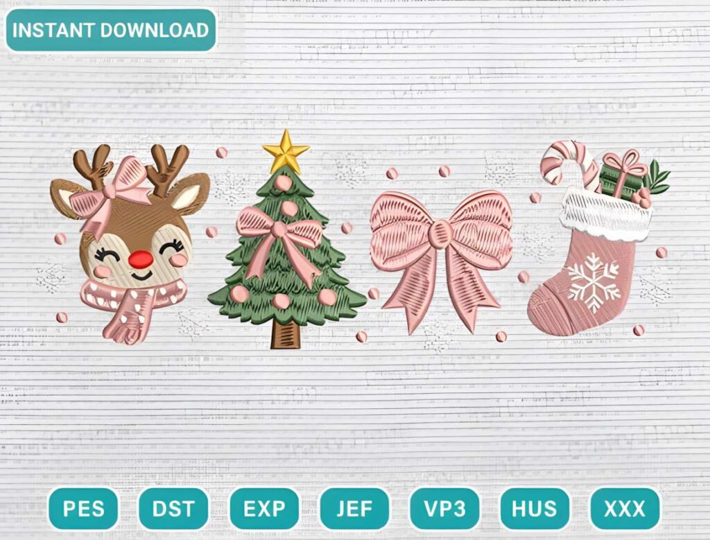 Machine embroidery designs for various styles featuring a reindeer, Christmas tree, bow, and stocking in pastel colors