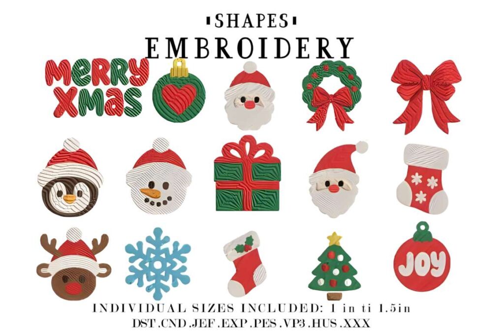 Christmas machine embroidery designs including Santa, wreath, bow, penguin — machine embroidery designs for various styles