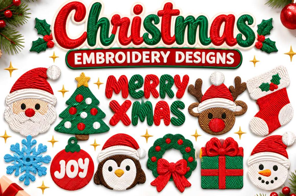 Machine embroidery designs for various styles featuring Christmas-themed motifs including Santa, Christmas tree, reindeer