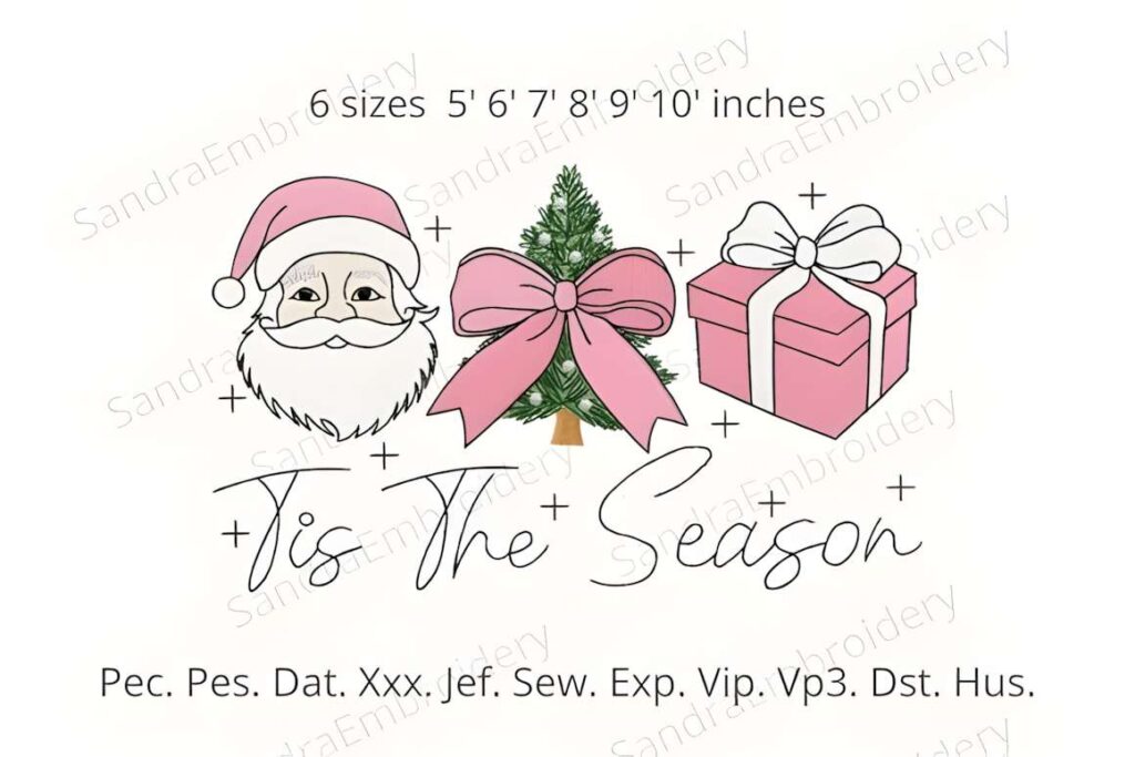 Machine embroidery designs for various styles featuring Santa, Christmas tree with bow, gift box, and 'Tis The Season'